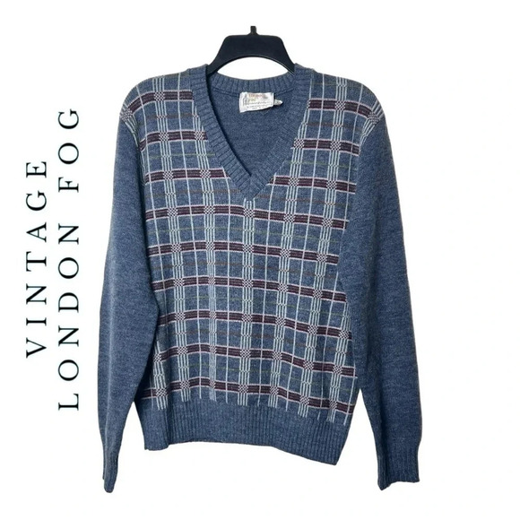 1464. VINTAGE MEN’S LONDON FOG WOOL BLEND SWEATER KNITTED PLAID PATTERN BLUE/RED - Picture 1 of 9